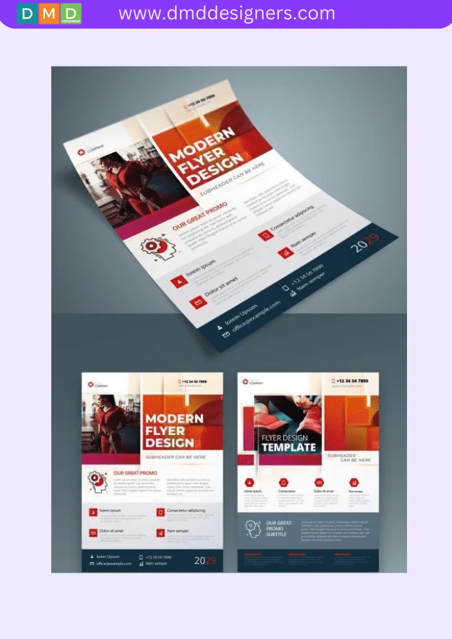 Corporate Flyer Layout with Dynamic Elements and Red Accents